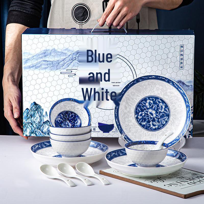 HUAIYI Фарфоровый обеденный сервиз Jingdezhen сине-белый