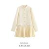 Kaslead New Arrival Women's Clothing Fashion Style Minimalist Retro Waist-Controlled Stitching Pleated Long Sleeves Coarse Spinning Dress