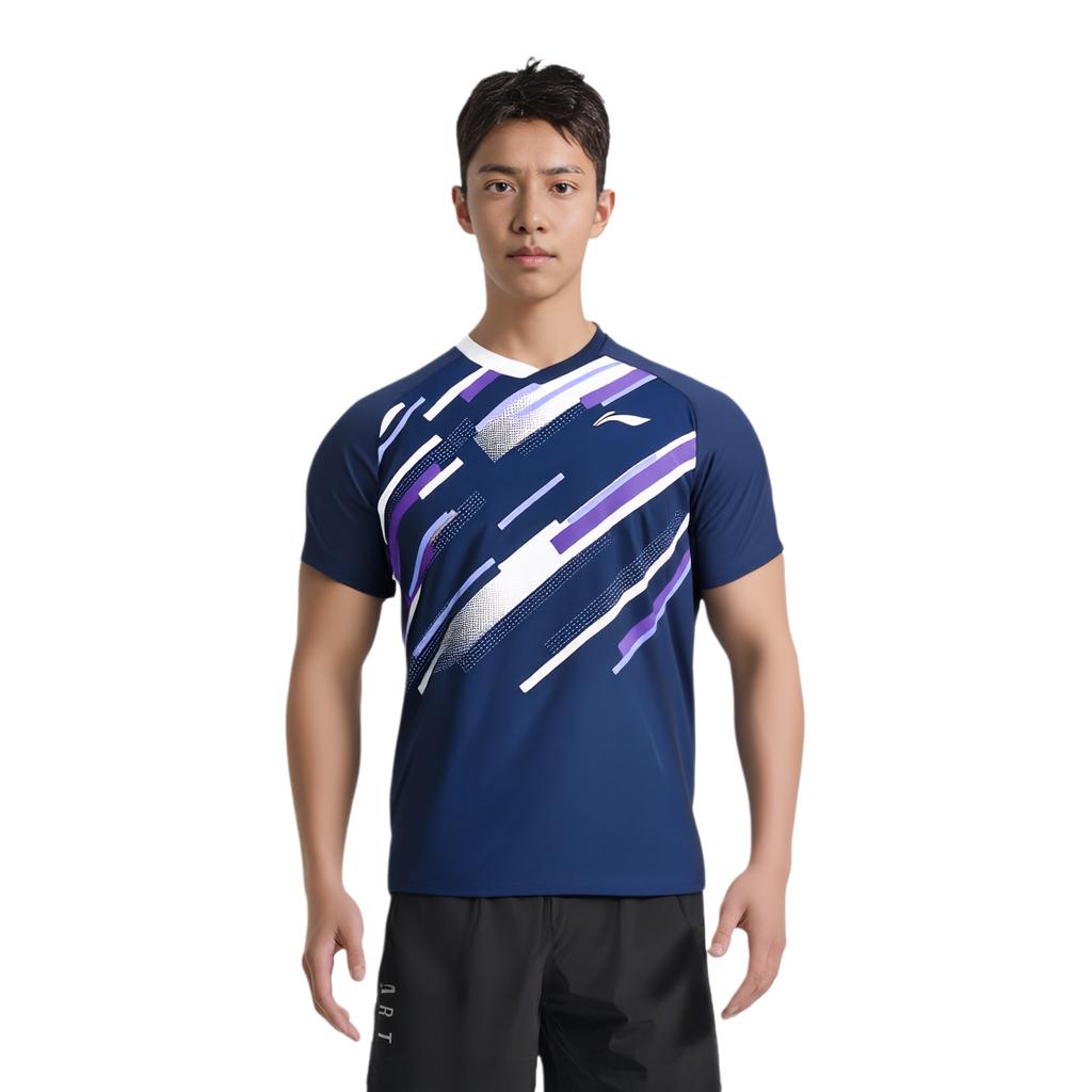 Li Ning Бадминтон Серия Быстросохнущая Полосатая Простая Футболка с Логотипом Унисекс Топы Темно-Синий AAYV033-1