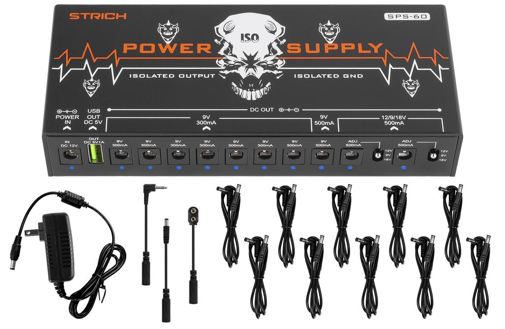 STRICH Guitar Pedal Power Supply 10 Completely Separate Pedal Board Power Supply DC Output High Power and High Current Effect Pedal Noiseless SPS-60