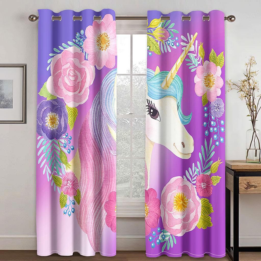 Children's Favorite Unicorn Curtains Cartoon Rainbow Horse Curtains 2 Panel Girls Room Bedroom Living Room Window Decor Curtains