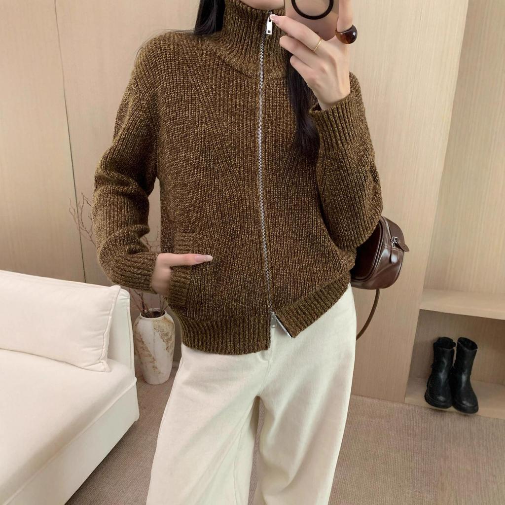Women's Thickened Wool Sweater Coat with High Collar and Double-Headed Zipper