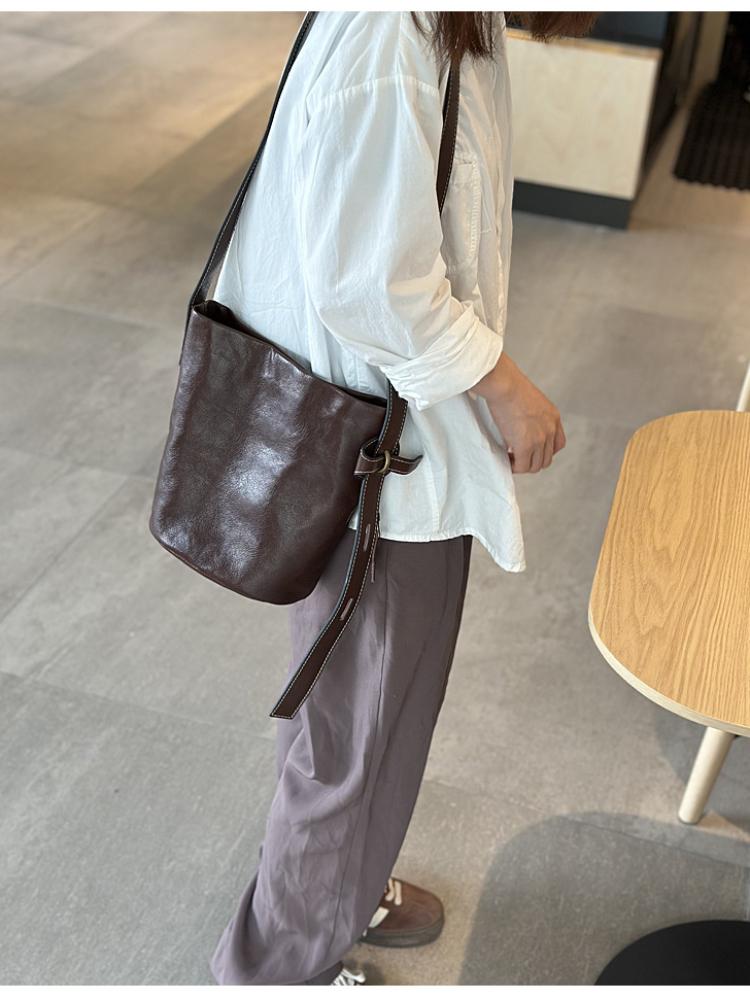 Johnature Simple Genuine Leather Bucket Bag Natural Real Cowhide Large Capacity Women's Shoulder & Crossbody Bags