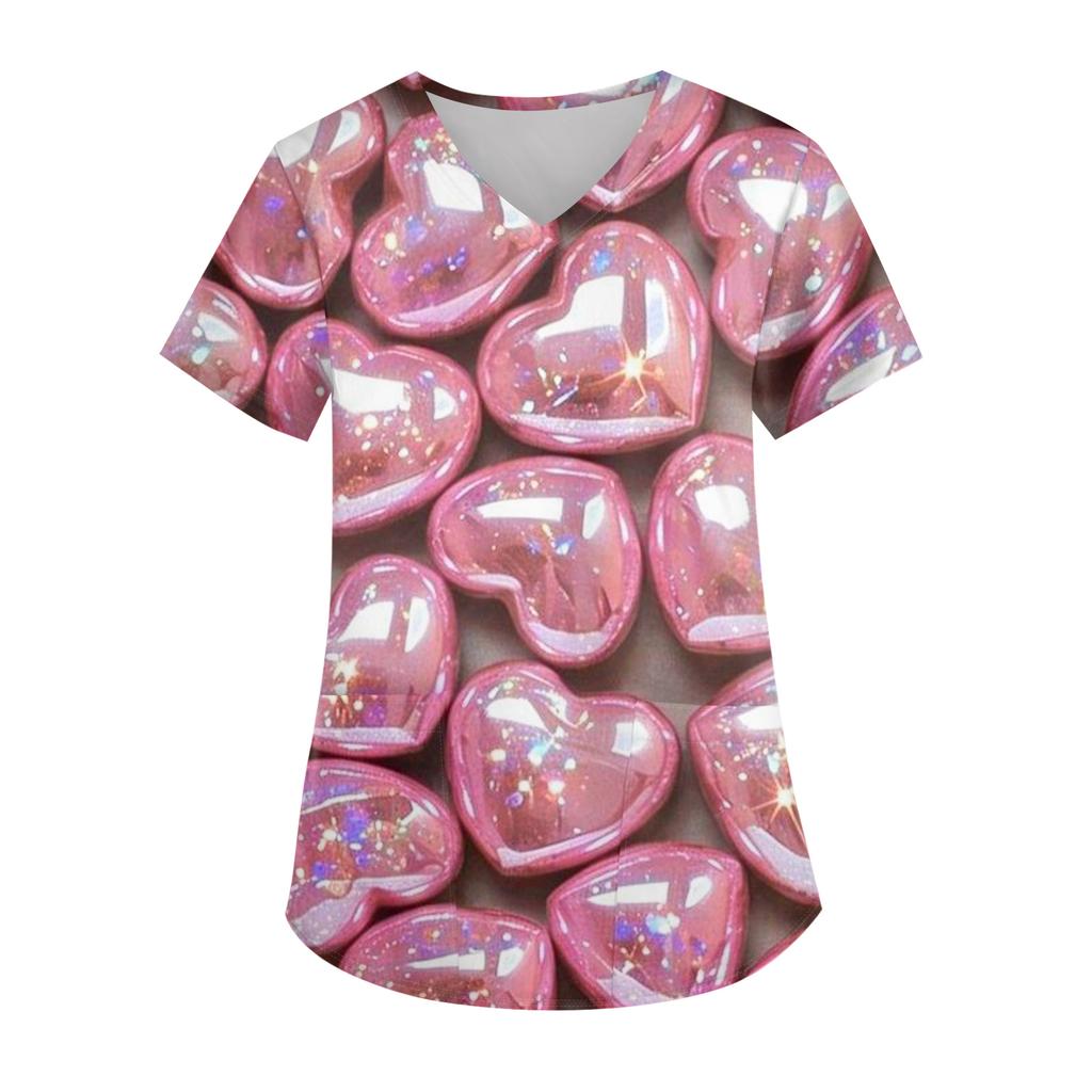 Женская модная футболка с V-образным вырезом, карманом и короткими рукавами с принтом ко Дню святого Валентина, униформа и топ для воспитателя