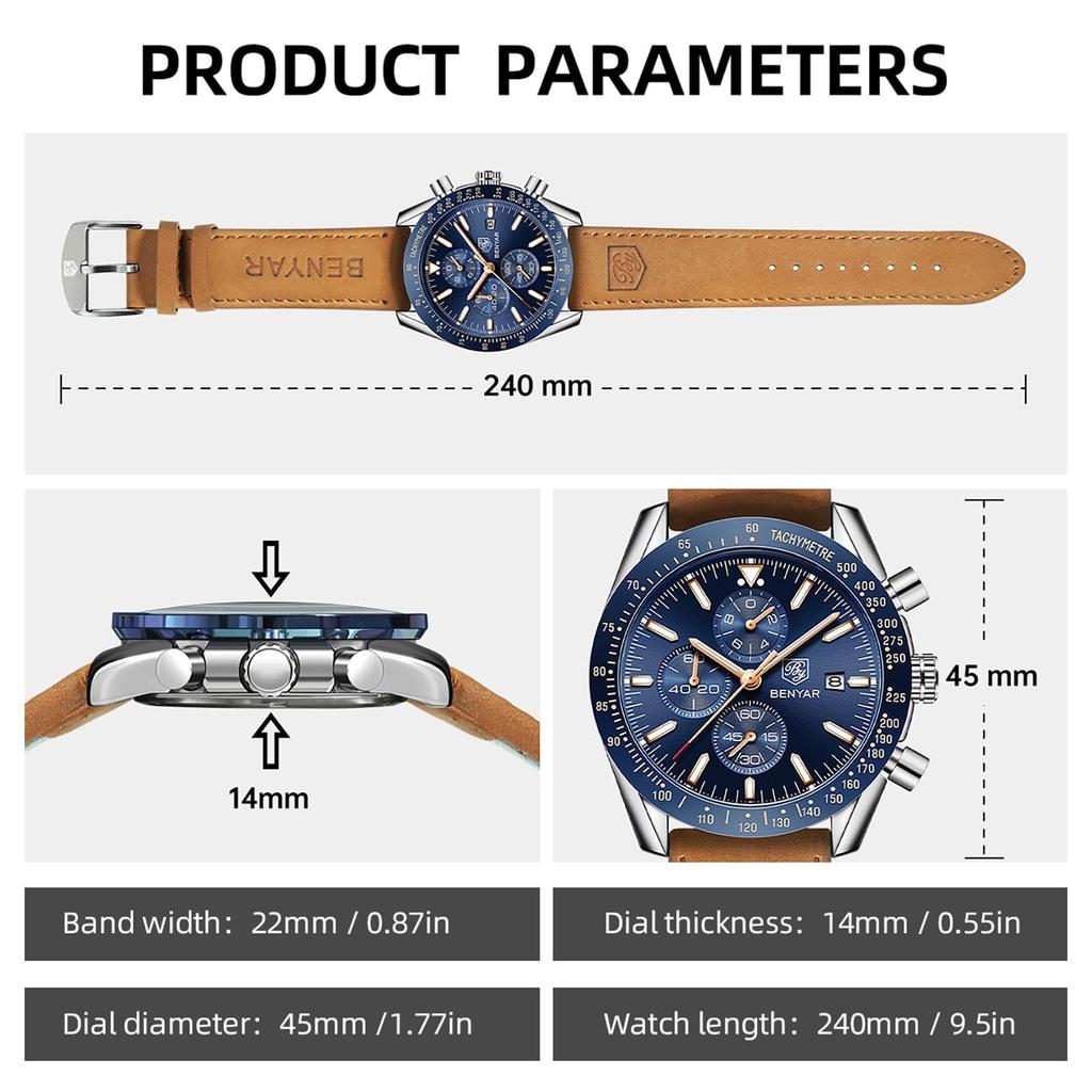 BY BENYAR Watch Watch Chronograph Analog Watch 30M Waterproof Business Simple Stylish Popular Formal Leather Belt Quartz Watch Gift for Men Brown