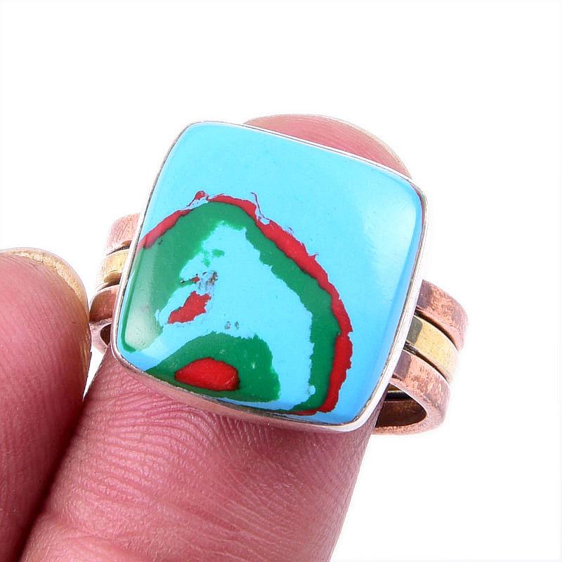 Natural Rainbow Calsilica Gemstone 925 Solid Silver Two Tone Ring Size 9US y8l20