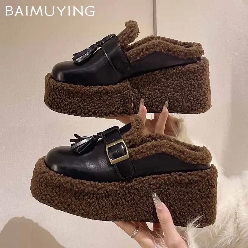 Меховые тапочки на платформе на высоком каблуке Теплые мюли Хлопковая обувь Женская 2024 Тенденция Зима Короткие Плюшевые туфли с открытой пяткой Уютные зимние ботинки Botas De Mujer