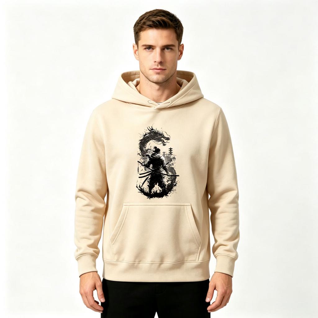 Men's Samurai Dragon Print Pullover Hoodie Casual Long Sleeve Graphic Sweatshirt