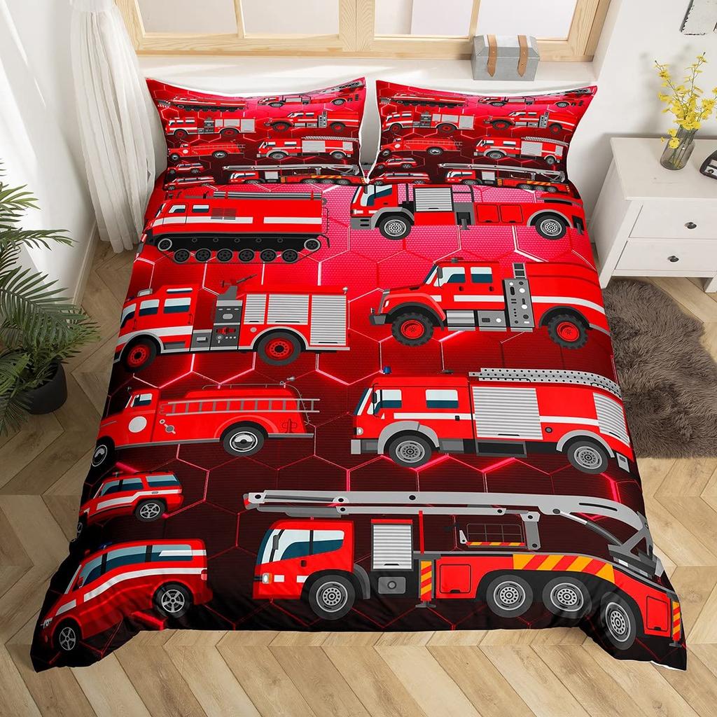 Fire Truck Bedding SetBurning Flames Duvet Cover for Kids Fire Engine Comforter Cover Red Truck Quilt Cover with 2 Pillowcases