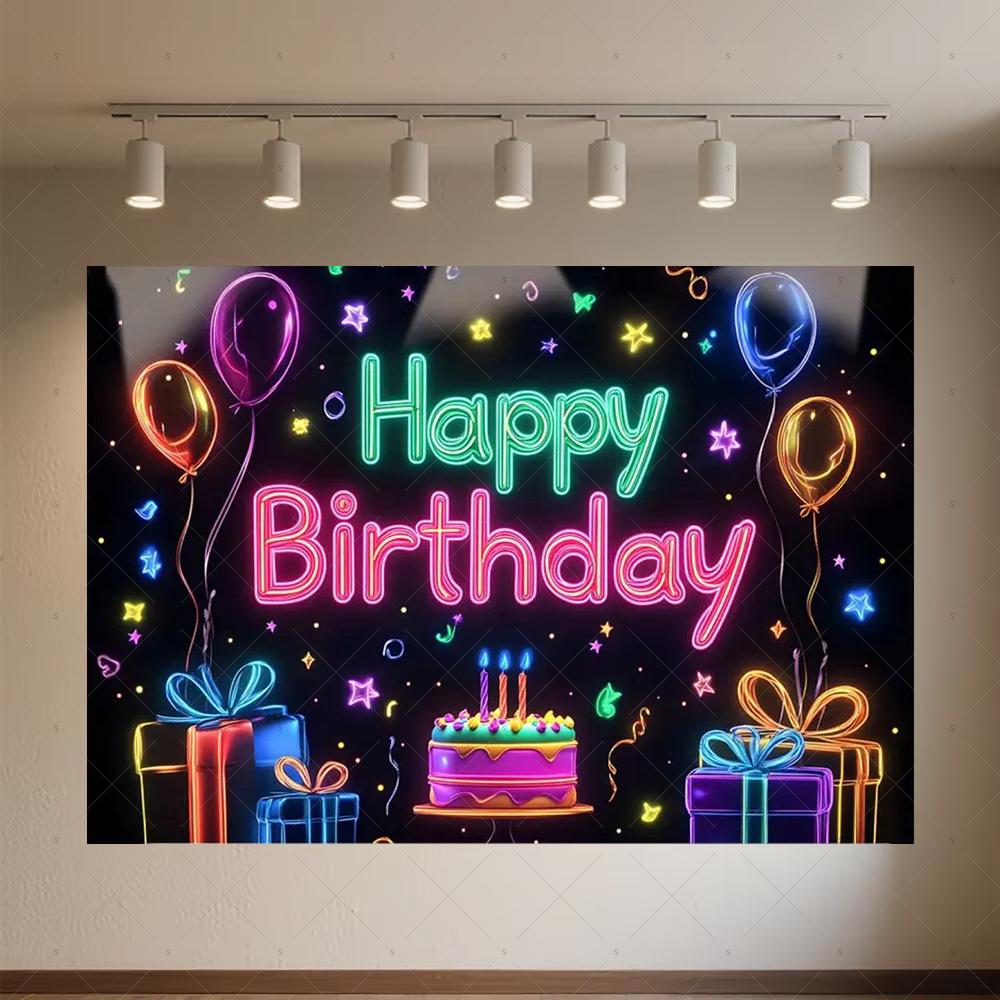 Glitter Happy Birthday Background Banner Glow Neon Dance Carnival Party Decorations Colourful Backdrop Supplies Photography Prop