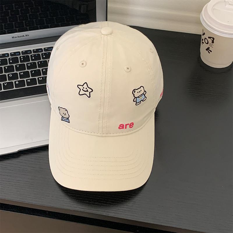 Korean Style Soft Top Baseball Hat With Bear And Letter Embroidery Design For Sunshade And Breathability