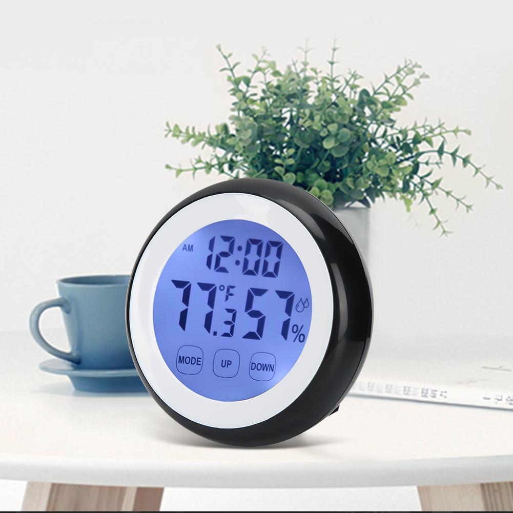 Круглый бытовой сенсорный цифровой электронный будильник с дисплеем температуры и влажности