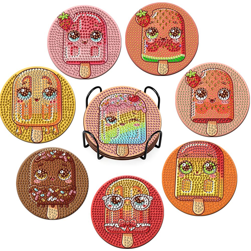 8-piece Cute Cartoon Popsicle Ice Cream DIY Diamond Painting Coaster Set 5D Full Diamond Round Diamond Art Coaster Set Handmade Crafts Home Decor Gift