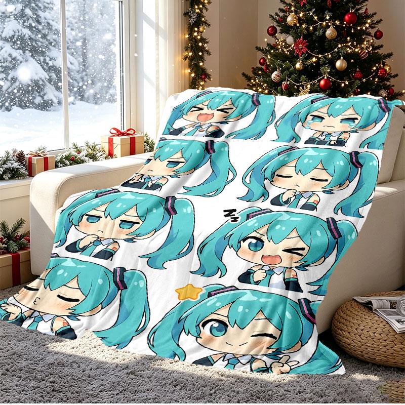 Hatsune Miku Pattern Blanket for Home Decoration, Bed, Sofa, Car Travel, Camping, Suitable for All Seasons, Birthday Christmas Gift