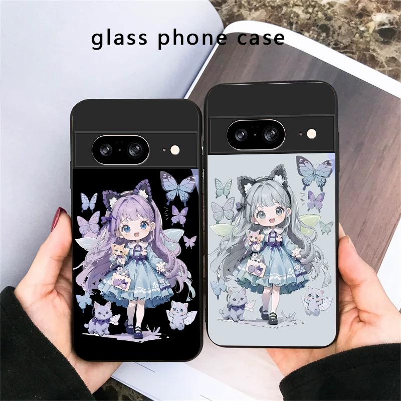 Q-версия Синяя Бабочка Для Google Pixel 8 7 9 10 Pixel 10 Pro XL Pixel 9 Pro XL Pixel 8a 7a Pixel 7 Pro Черный Стеклянный Чехол для Телефона