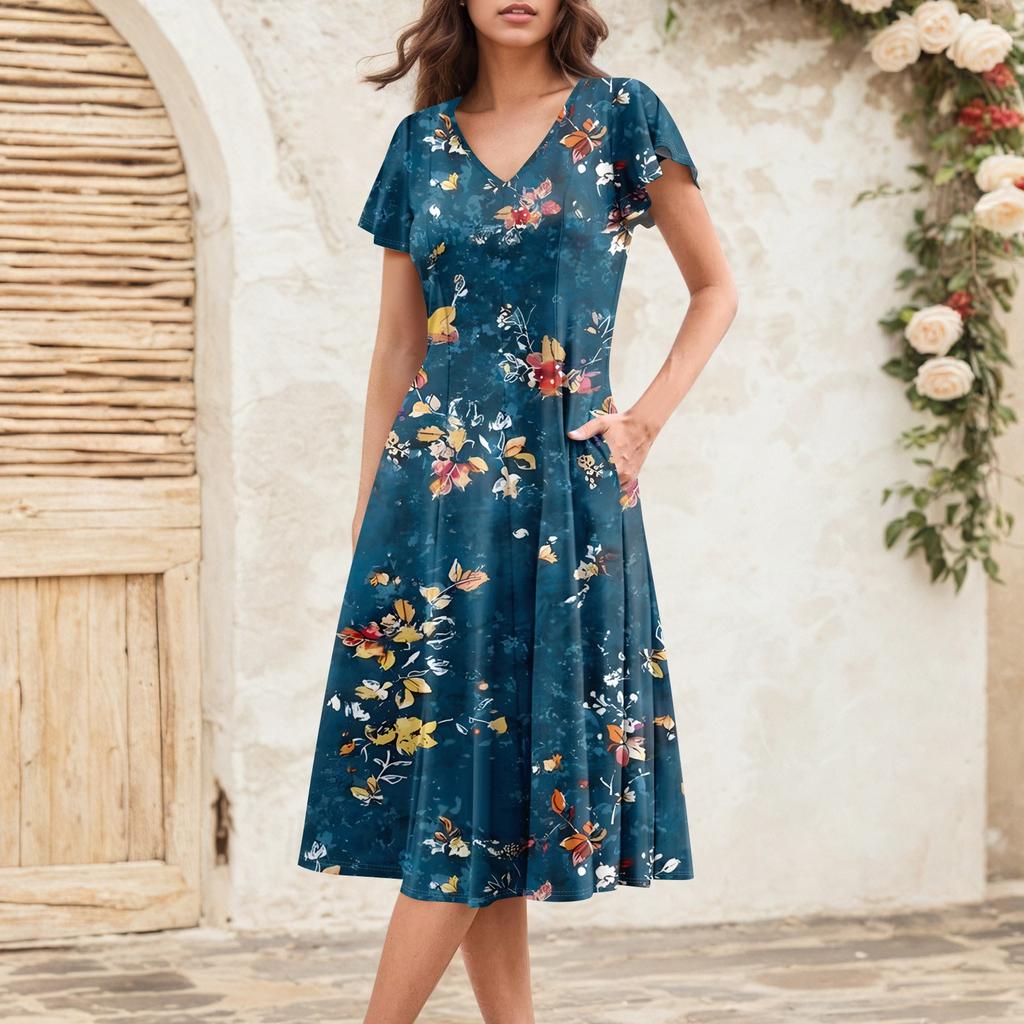 Женское летнее модное элегантное платье миди в стиле ретро с V-образным вырезом и оборками на рукавах