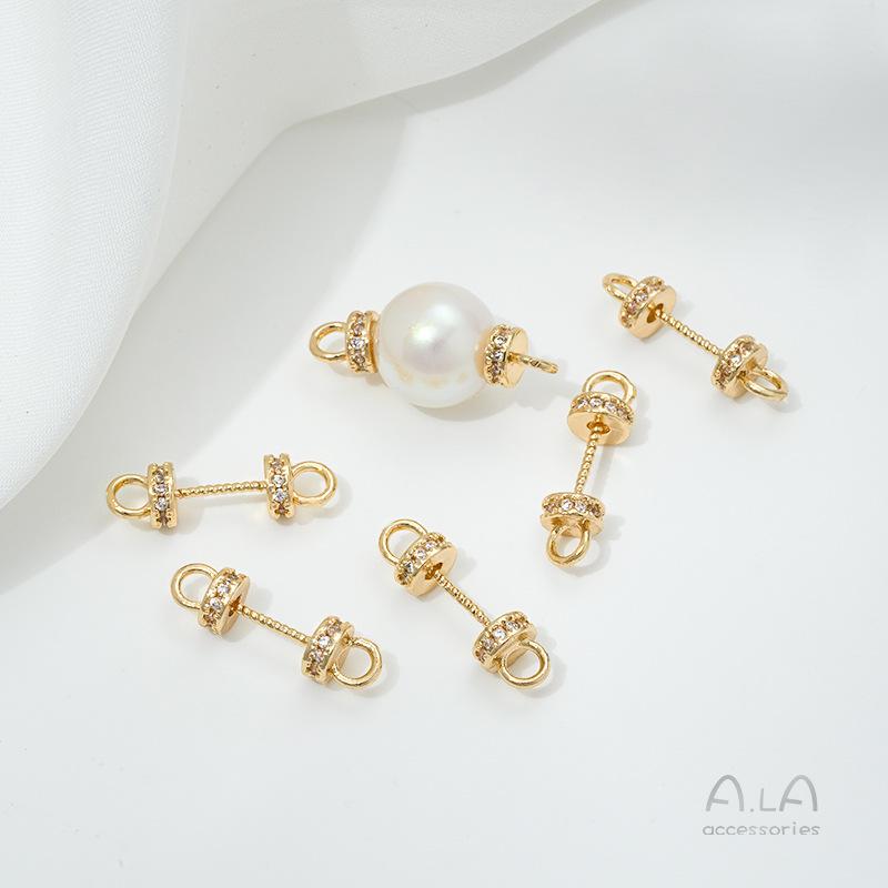 14K Gold-Inlaid Zircon Bracelet & Necklace Connector with Copper Plating and Half-Hole Eyepin for DIY Pearl Cap Accessories