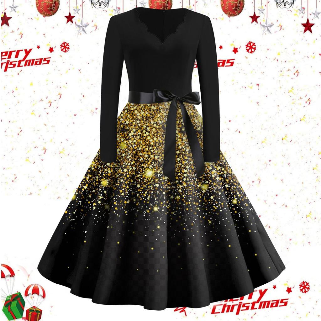 Женские повседневные модные винтажные длинные платья с длинным рукавом с рождественским принтом