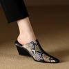 Fashion 2025 New Genuine Leather Shoes Women Slippers Wedges High Heels Pointed Toe Mules Ladies Office Dress Shoes Slides Women