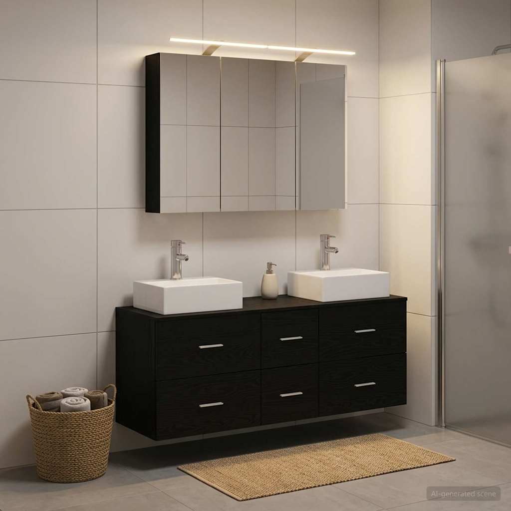 Bathroom Furniture Set 4 pcs Black Oak Engineered Wood and Glass