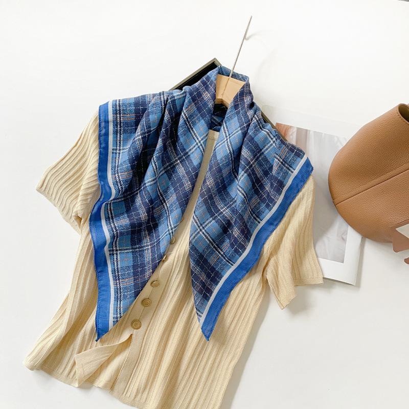 Lightweight Chiffon Silk Square Scarf Classic Plaid Check Print Bandana for Women Beach Vacation Neck Hair Headband Accessory