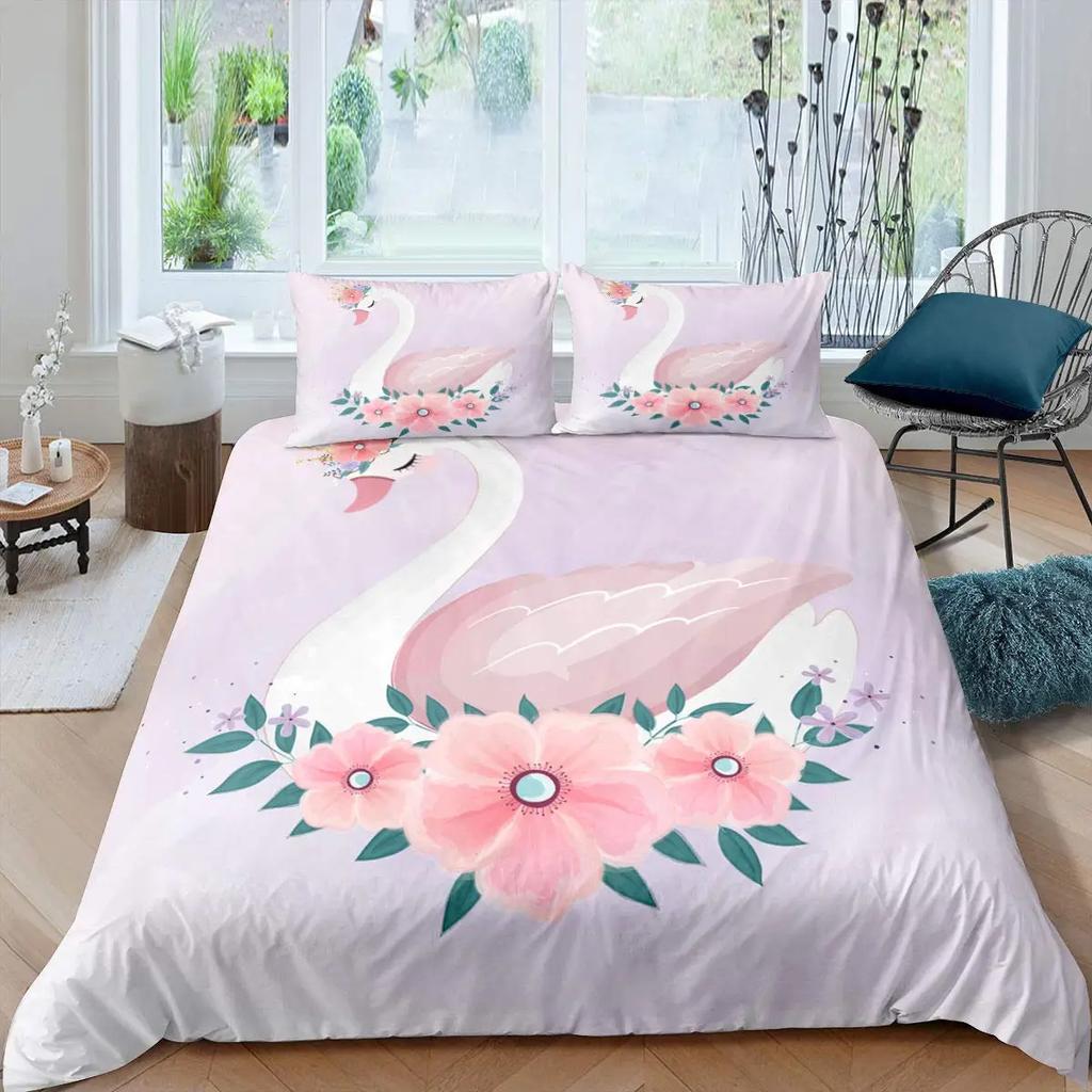 3D White Swan Bedding Set Red Floral Rose Printed Duvet Cover Set Cute Animal Super Soft Polyester Covers Gift For Lover