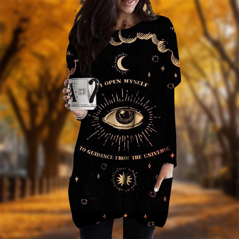 New In Autumn Letter Eye Print Plus Size Dress Women O'neck Long Sleeves Casual Pocket Dresses