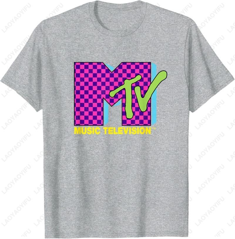 MTV Music Television Ретро 80-е Неоновый Розовый Шахматный Логотип Унисекс Взрослый Хлопковая Футболка Трендовая Забавная Графическая С Круглым Вырезом Печатные Топы