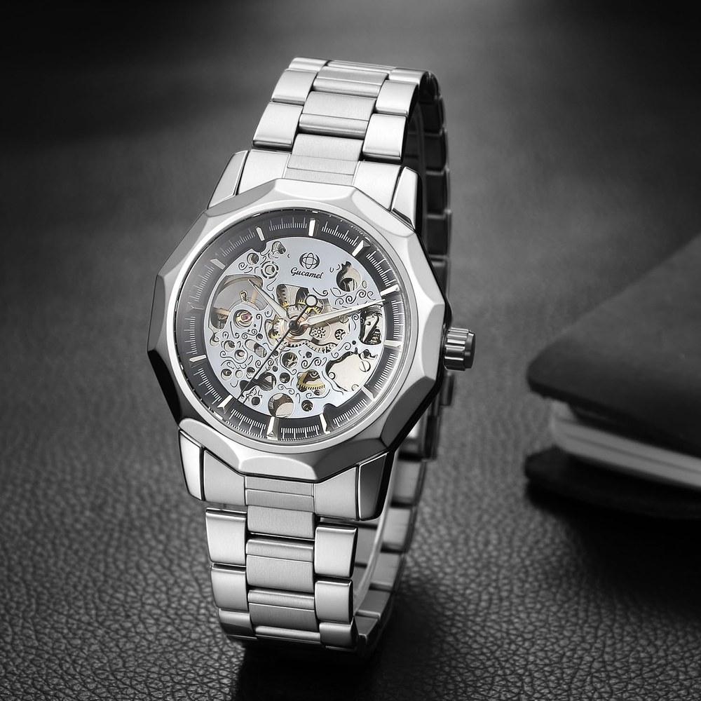 Oidea Men's Octagonal Automatic Mechanical Watch Silver Business Classic Simple Gear Style Luminous Stainless Steel Durable Gift