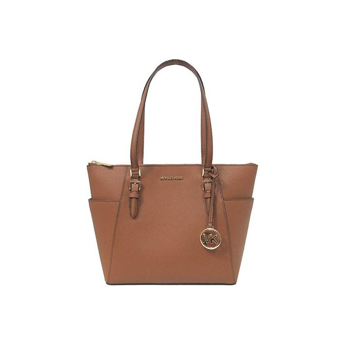Michael Kors Mk Charlotte Винтажная однотонная сумка-тоут из кожи с подвеской-логотипом, большая вместимость, женская сумка-тоут, карамельно-коричневая, 35T0GCFT7L-LUGGAGE