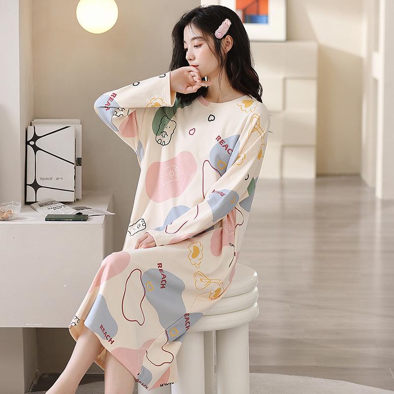 Хлопковое платье с принтом, женская пижама, корейская осенняя ночная рубашка миди с круглым вырезом и длинными рукавами, домашняя одежда, повседневная шикарная одежда