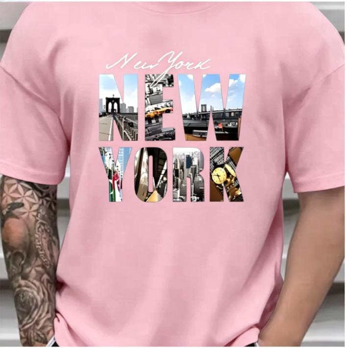 Unisexs Summer Cotton Fashionable Casual Loose Large New York Pattern Printed Sports Round Neck Short Sleeve Tshirt Top Breathable