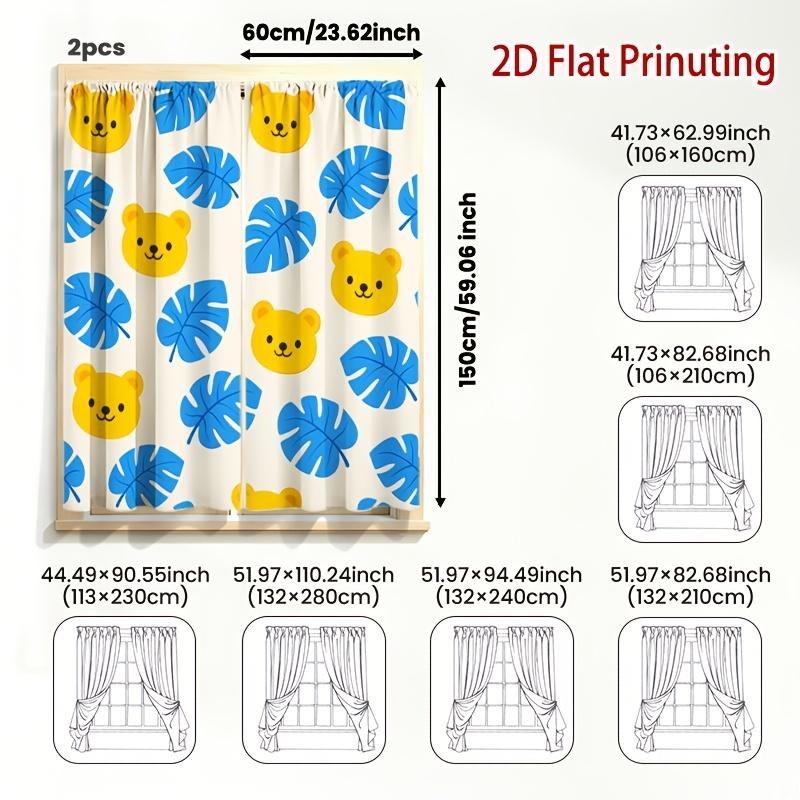 Cute Yellow Bear & Blue Monstera Leaf Curtains Set of 2 Rod Pocket Light Filtering Privacy Curtains for Kids Room Living Room