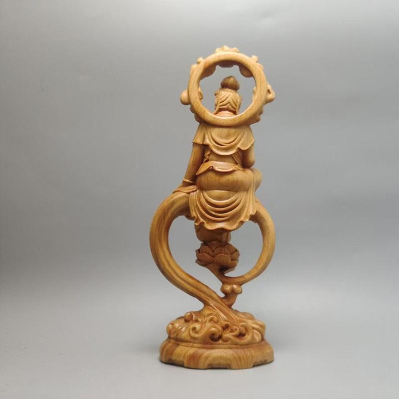 Wood Carving Guanyin Bodhisattva Sculptures and Figurines Home Room Office Wealth Luck Feng Shui Decor Buddha Wood