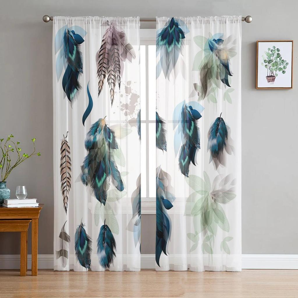 Зеленые Тюлевые прозрачные оконные шторы с павлиньими перьями для гостиной, кухни, детской спальни, вуаль, подвесная занавеска