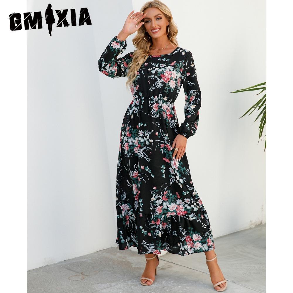 GMXIA Весна Лето Богемный Женское Макси Платье Повседневный Длинный Рукав Высокая Талия Пляжное Платье Женские Цветочные Шифоновые Платья Vestidoes Mujer Новинка