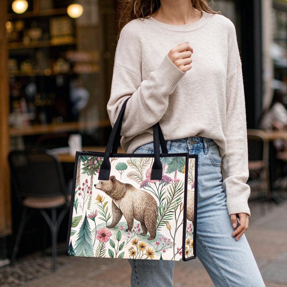 Cute Forest Bear Printed Tote Bag Daily Use Casual Handbag