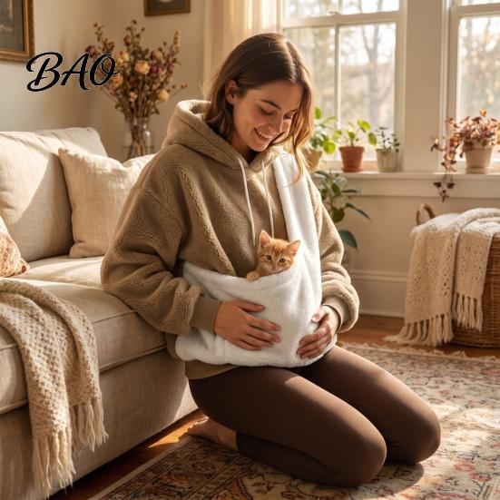 Pet Friendly Lounge Hoodie Pouch Hoodie, Oversized Cat Dog Carrier Sweatshirt, Fleece Lined Long Kitten Pullover Sleeve Top with Large Pocket