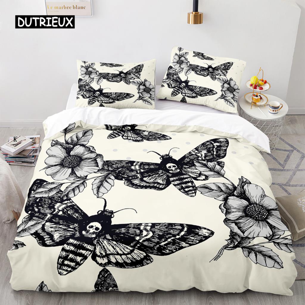 Комплект постельного белья Death Moth Queen Size Gothic Skull Boho, комплект постельного белья с черно-белым декоративным рисунком скелета