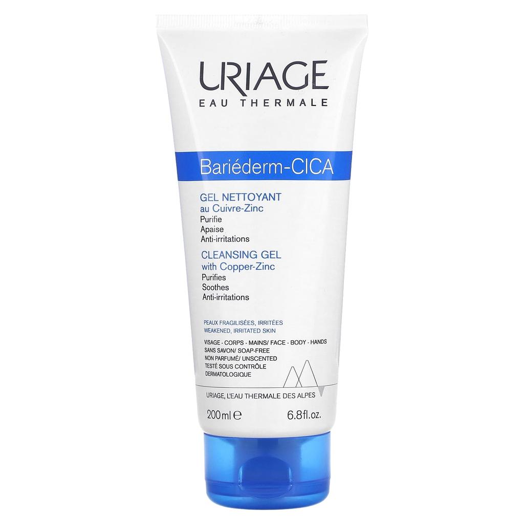 Uriage Bariederm-Cica, Cleansing Gel with Copper-Zinc, Unscented, 6.8 Fl Oz (200 Ml)