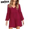 Women's Fashion Summer Spring Solid Color Print Long Sleeve V-Neck Casual Dresses