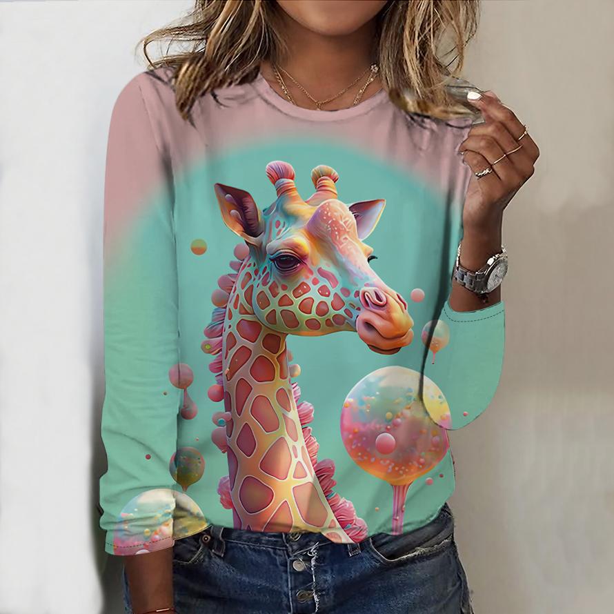 Топы для женщин с принтом радужного жирафа, круглым вырезом и длинным рукавом, футболка, осенний повседневный тонкий пуловер, женский топ с длинным рукавом