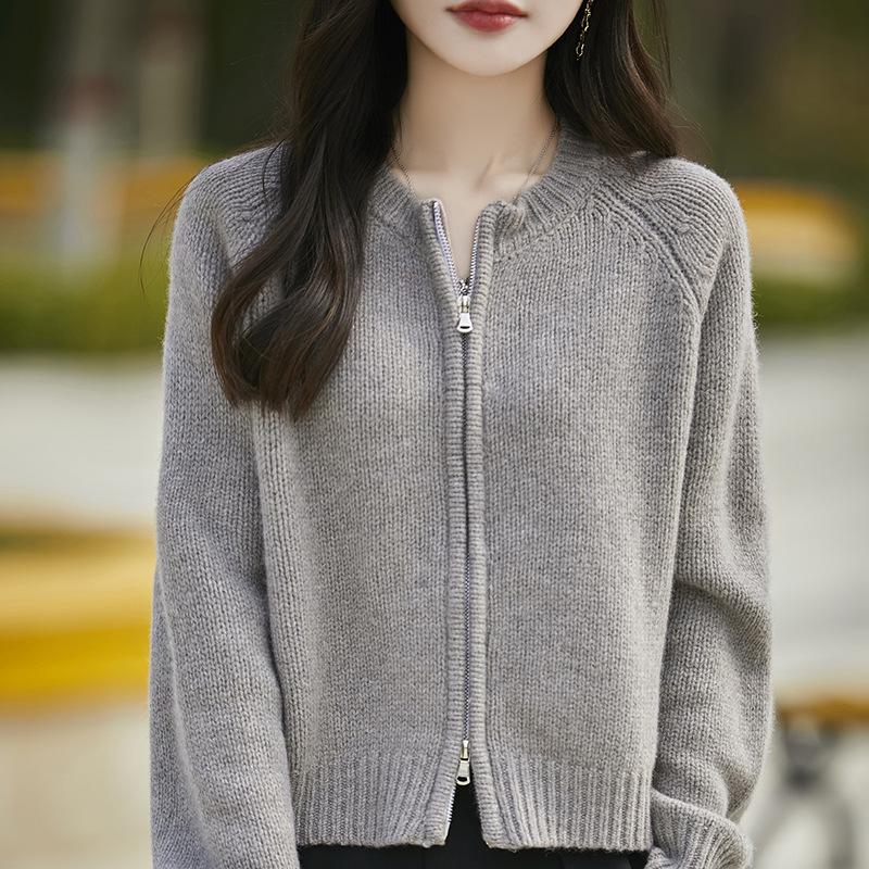 Women's Round Neck Double Zipper Wool Knit Cardigan - Autumn/Winter Fashionable Loose Design.