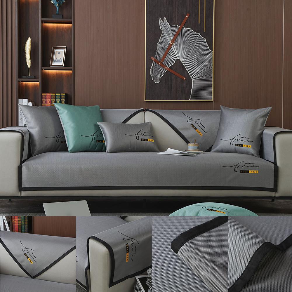 Summer Ice Silk Sofa Cushion Embroidered Mat Cushion Simple and Cool Sofa Towel Machine Washable Ice Silk Sofa Seat