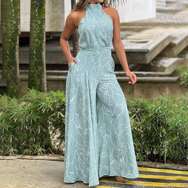 Women's Crew Neck Printed Jumpsuit Fashion Casual One Piece