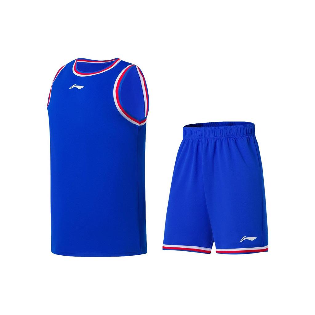 Li Ning Professional Basketball Series Logo Print Striped Round Neck Basketball Vest And Shorts Set Men Sportswear Blue AATS003-11