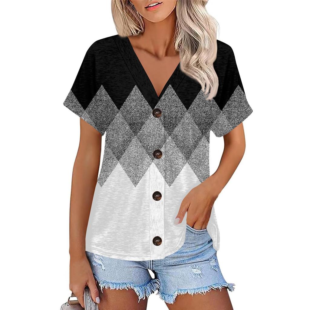 Женская модная футболка с короткими рукавами и V-образным вырезом, цветным принтом в стиле пэчворк, на пуговицах