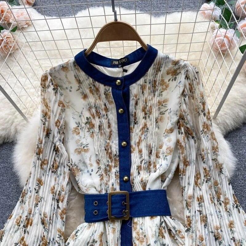 Autumn Lace Vintage Fairy Dress Women Patchwork Elegant Party Midi Dress Female Bow Korean Fashion One Piece Floral Dress 2024
