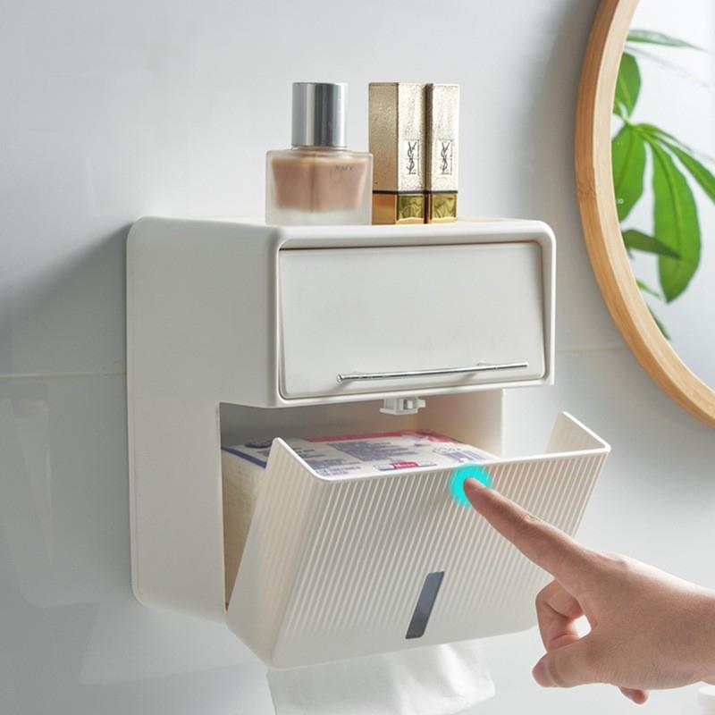 Toilet Tissue Box Double-layer Wall Mounted Waterproof Toilet Paper Box No Punching Square Paper Drawer Storage Bathroom Shel
