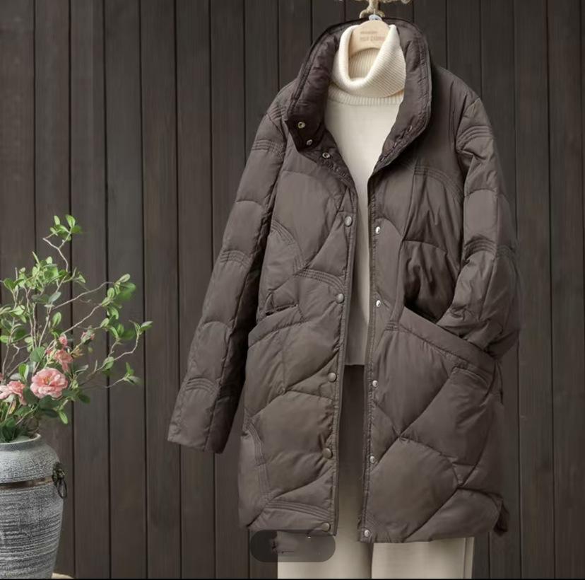 Женское зимнее пальто с воротником-стойкой и длинным рукавом, однотонное, однобортное, свободное, повседневное, белое, тонкое и легкое